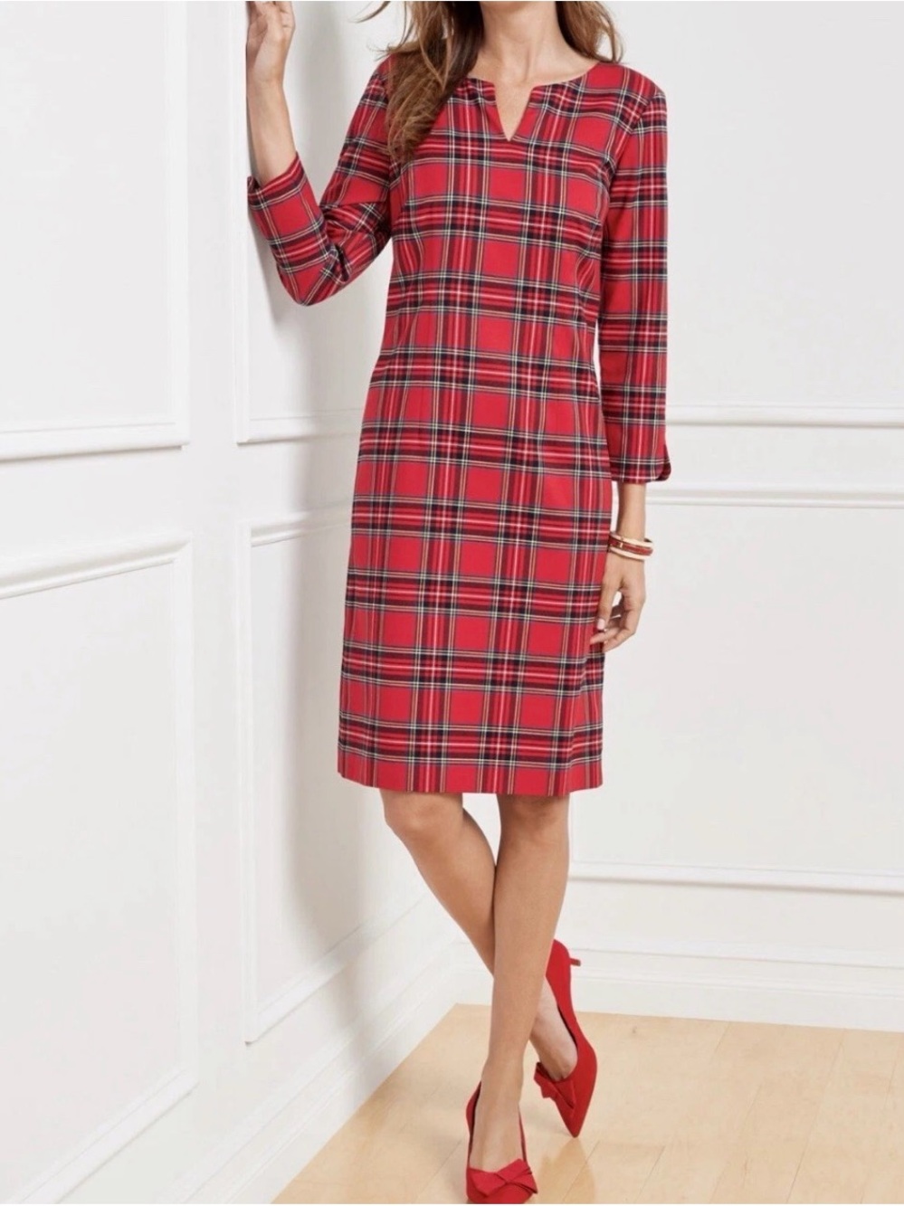 Talbots Women's Red Tartan Plaid Dress Size 12 Midi Holiday V-neck 3/4 Sleeve